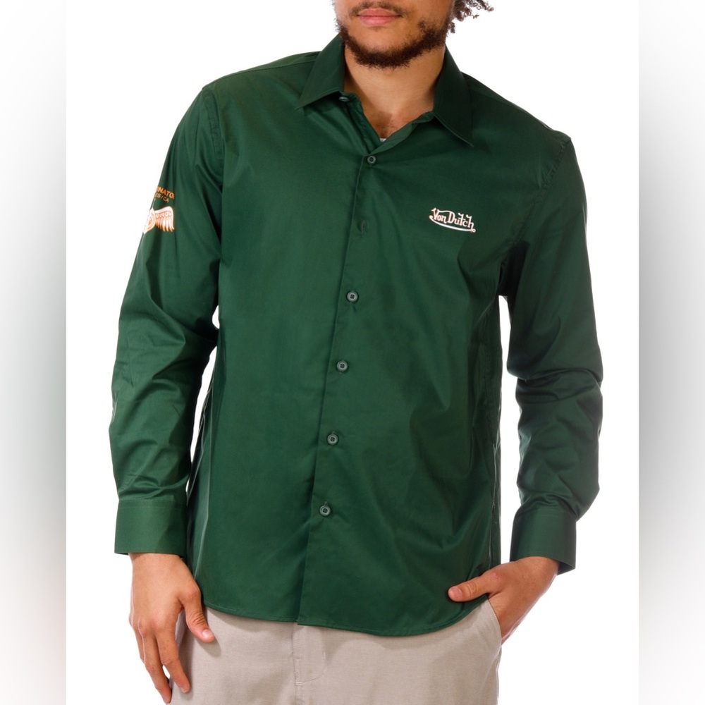 Von Dutch NWT Originals LS Collared Button Down Forest Green Graphics Small
